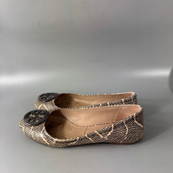 TORY BURCH REVA BALLET FLAT COBRA PRINT LEATHER BLACK/NATURAL LOGO, 9M - Picture 5 of 14